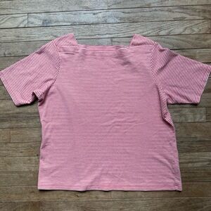 LL Bean Breton Top Boat Neck Short Sleeve XL Pink Striped Cotton Preppy Casual‎